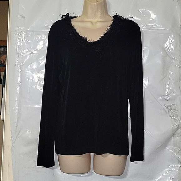 CHICO'S TRAVELERS Long Sleeve Velvet Top Fringe V-Neck Elegant Blouse Black work - Picture 1 of 5